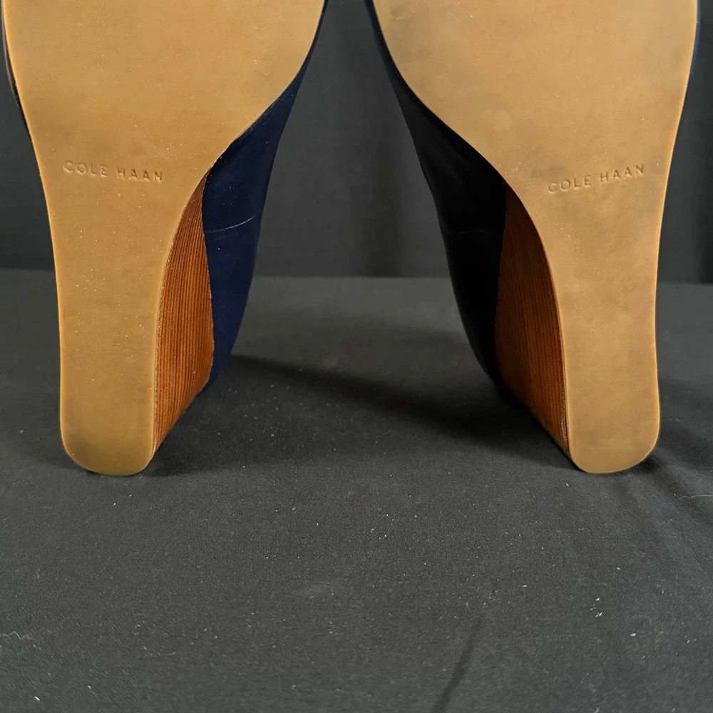 Cole Haan Adair Navy Blue Leather Bow Wedge Pumps Shoes Grand.OS W13162 Women 9B